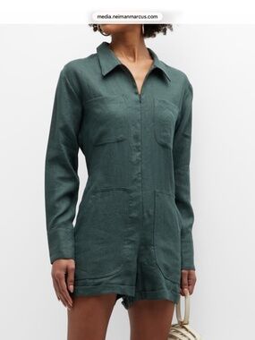$375 Rivet Utility Sage Green Linen Long Sleeve Collared Linen Romper XS